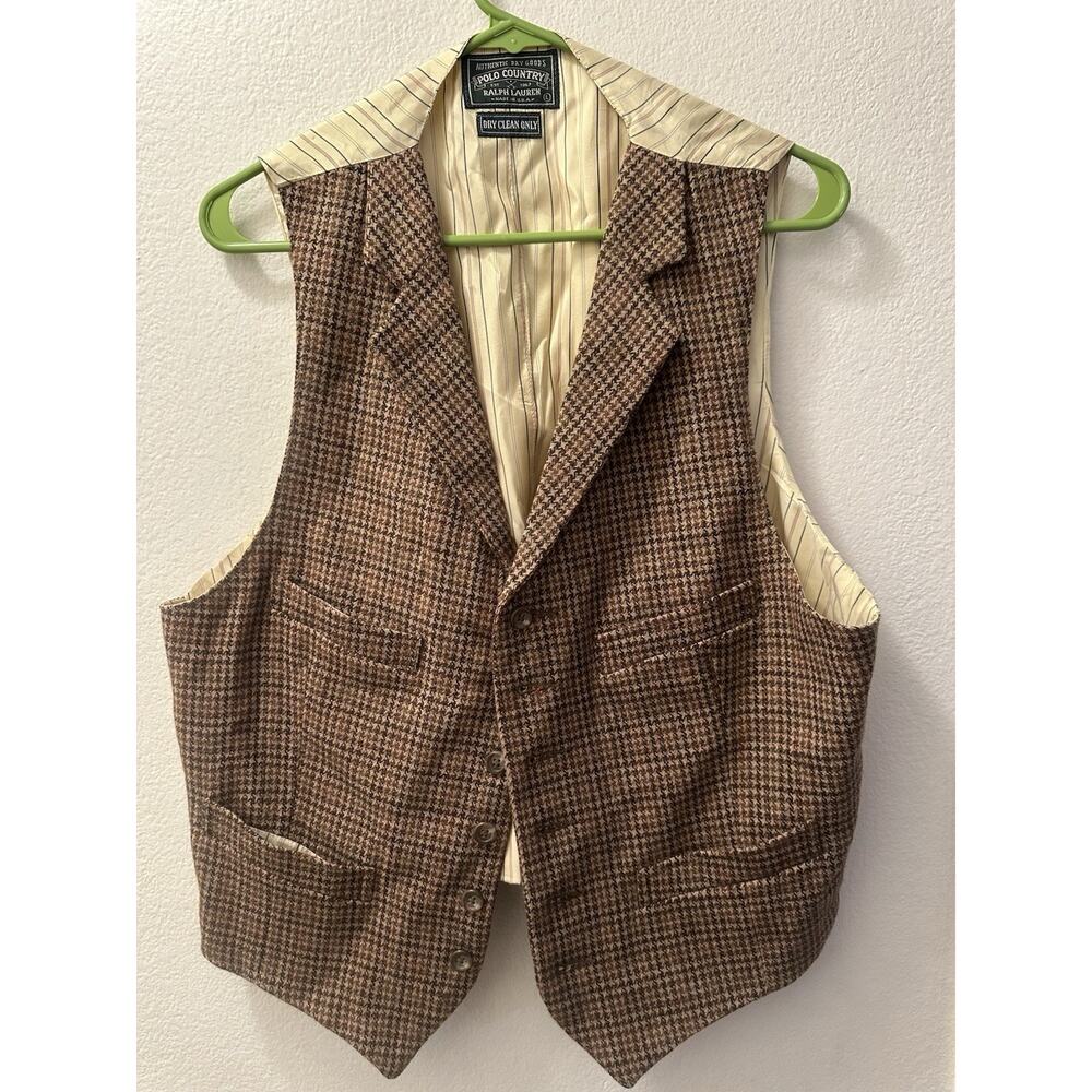 Vintage Polo Country Ralph Lauren Mens L Herringbone Wool Vest Brown Made In USA